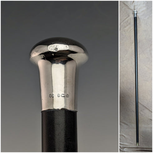 1924 British Vintage Men's Walking Stick, Sterling Silver, Round Handle, Black Shaft, 91.5cm